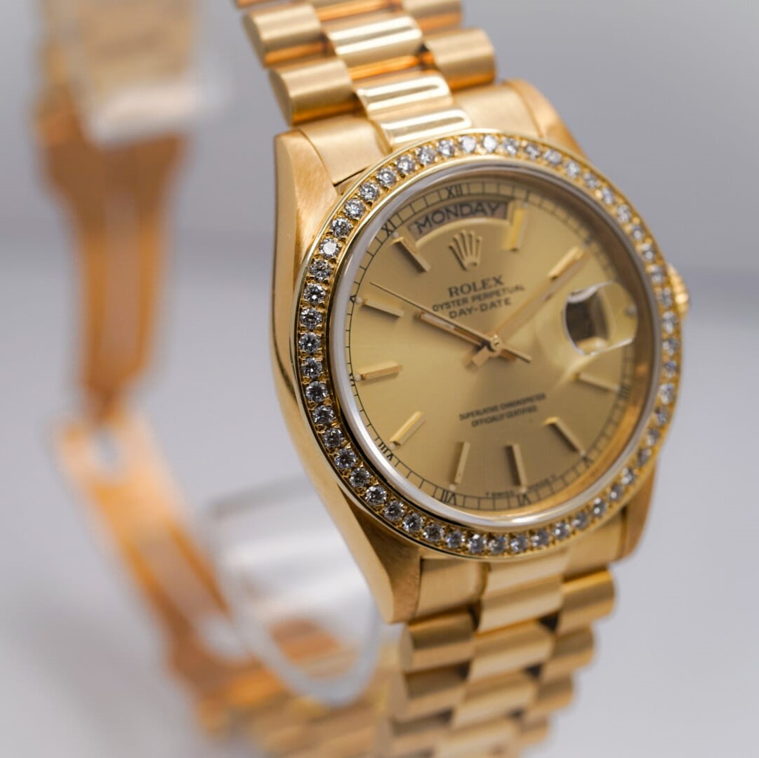 Rolex Day Date 36 Mm Yellow Gold Champagne Colour Dial Diamond Set Bezel President Bracelet M128348Rbr 0026