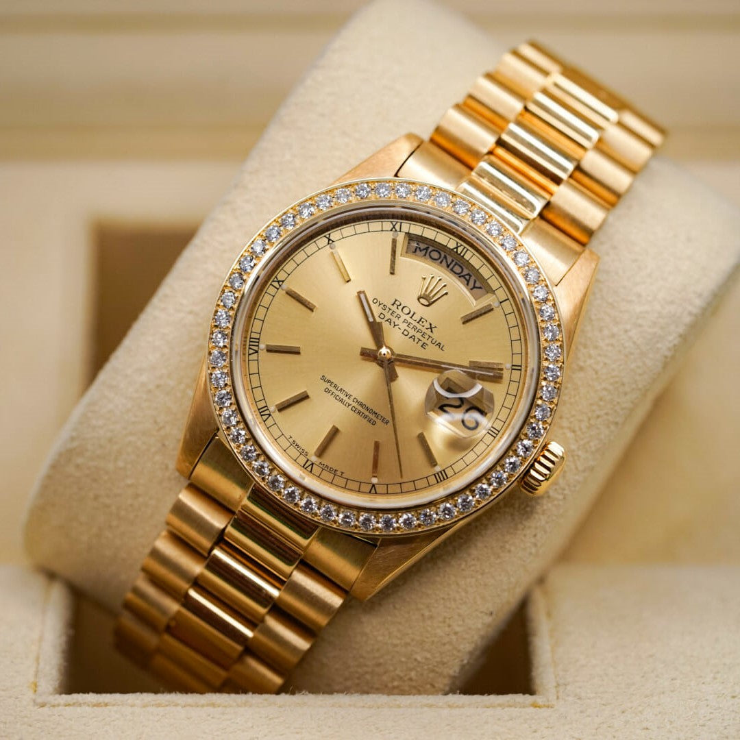 Rolex Day Date 36 Mm Yellow Gold Champagne Colour Dial Diamond Set Bezel President Bracelet M128348Rbr 0026