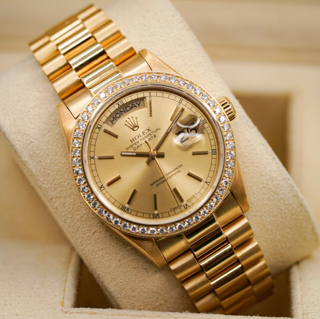 Rolex Day Date 36 Mm Yellow Gold Champagne Colour Dial Diamond Set Bezel President Bracelet M128348Rbr 0026