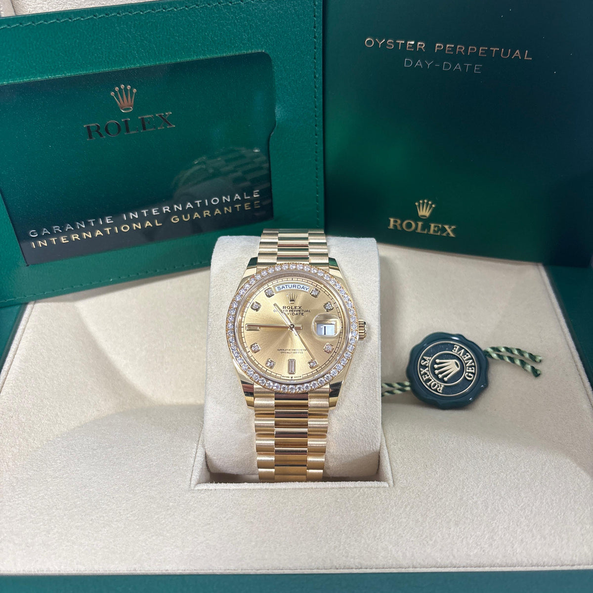 Rolex Day Date 36 Mm Yellow Gold Champagne Colour Diamond Set Dial Diamond Set Bezel President