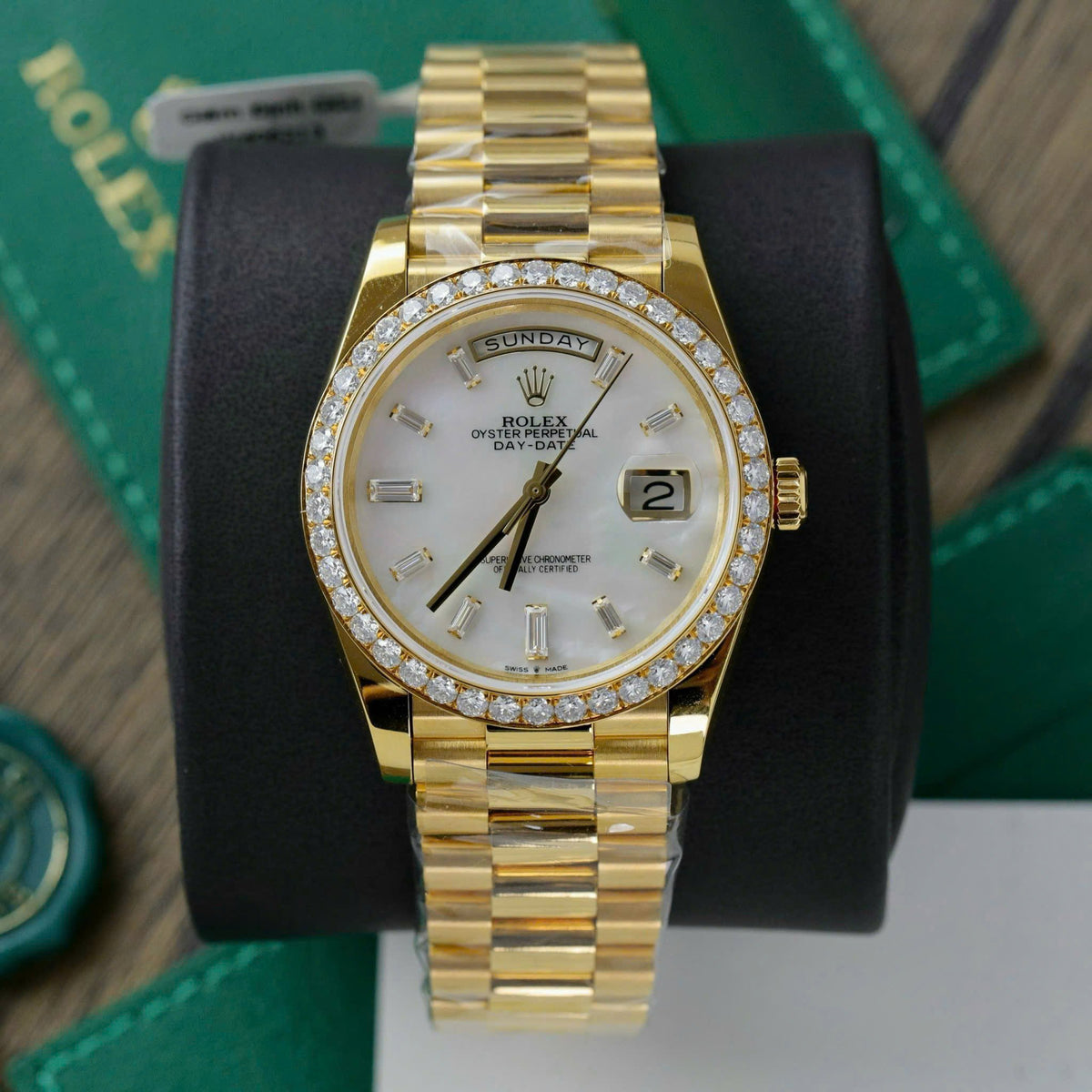 Rolex Day Date 36 Mm Yellow Gold White Dial Diamond Set Bezel President Bracelet M128348Rbr 0047