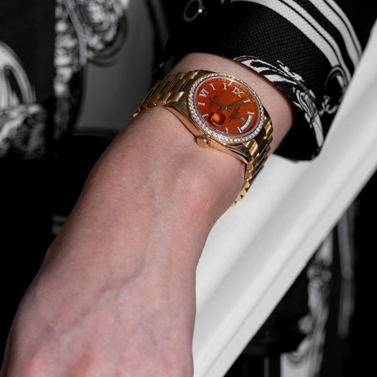 Rolex Day Date 36 Mm Yellow Gold With A Carnelian Diamond Set Dial Diamond Set Bezel And A President Bracelet M128348Rbr 0049