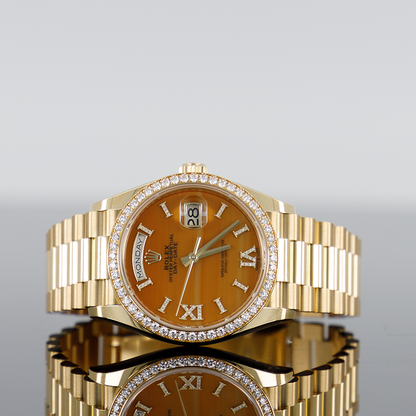 Rolex Day Date 36 Mm Yellow Gold With A Carnelian Diamond Set Dial Diamond Set Bezel And A President Bracelet M128348Rbr 0049