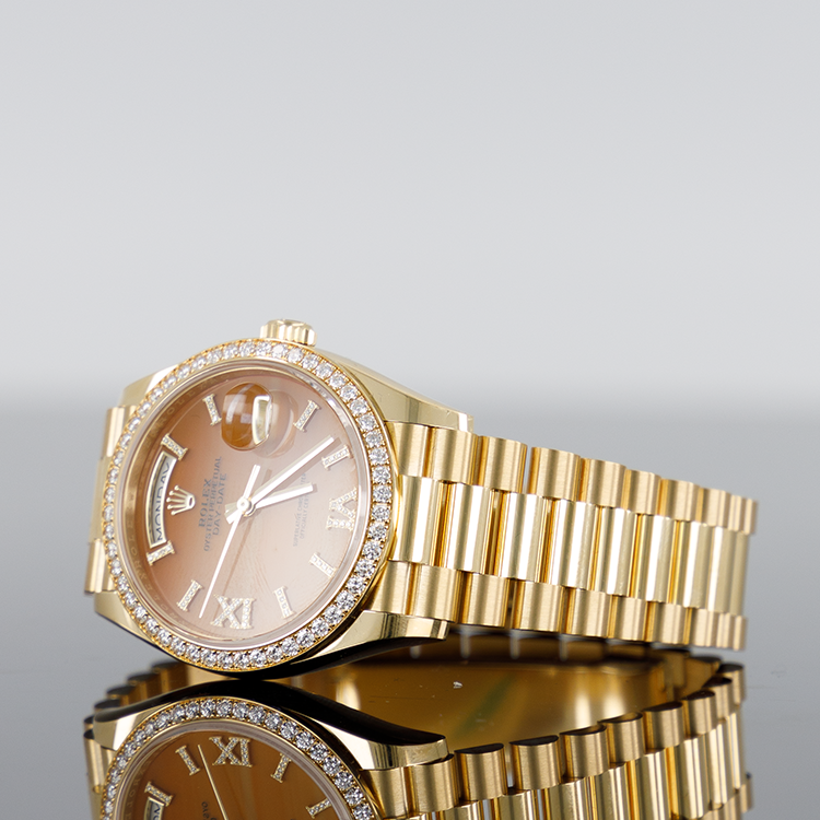 Rolex Day Date 36 Mm Yellow Gold With A Carnelian Diamond Set Dial Diamond Set Bezel And A President Bracelet M128348Rbr 0049