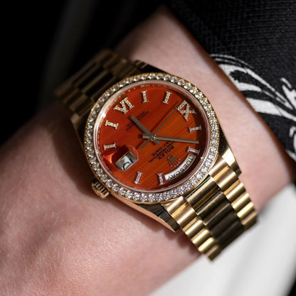 Rolex Day Date 36 Mm Yellow Gold With A Carnelian Diamond Set Dial Diamond Set Bezel And A President Bracelet M128348Rbr 0049