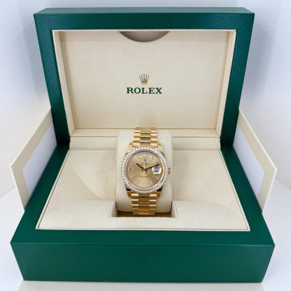 Rolex Day Date 36 Mm Yellow Gold With A Champagne Colour Diamond Set Dial Diamond Set Bezel And A President Bracelet M228348Rbr 0002