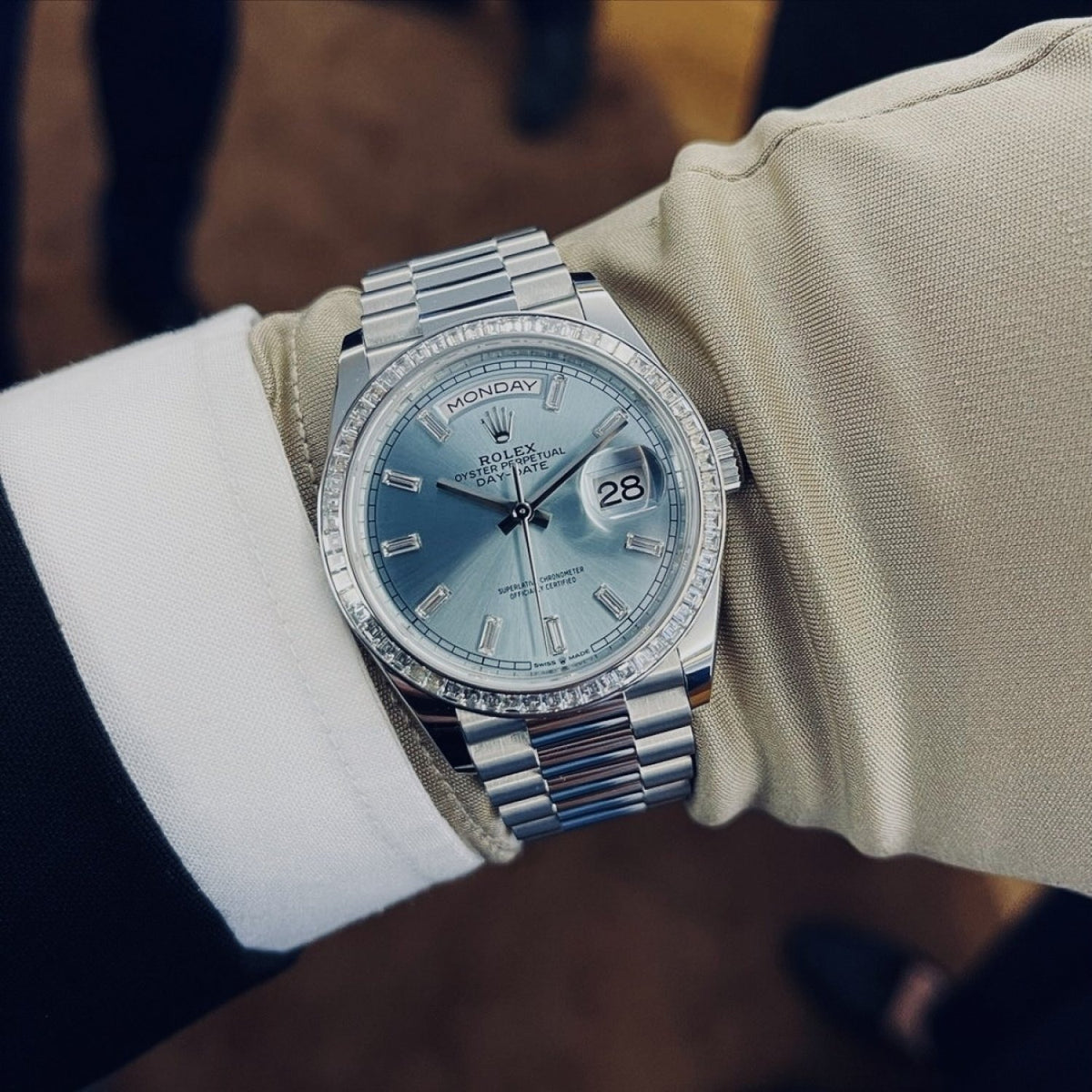 Rolex Day Date 36Mm Platinum Ice Blue Diamond Set Dial Diamond Set Bezel And A President Bracelet M128396Tbr 0003