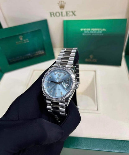 Rolex Day Date 36Mm Platinum Ice Blue Diamond Set Dial Diamond Set Bezel And A President Bracelet M128396Tbr 0003