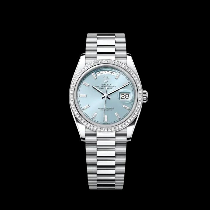Rolex Day Date 36Mm Platinum Ice Blue Diamond Set Dial Diamond Set Bezel And A President Bracelet M128396Tbr 0003