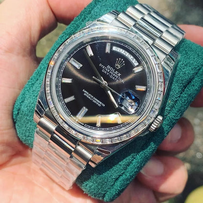 Rolex Day Date 40 Mm Platinum Bright Black Diamond Set Dial Diamond Set Bezel President Bracelet M228396Tbr 0012