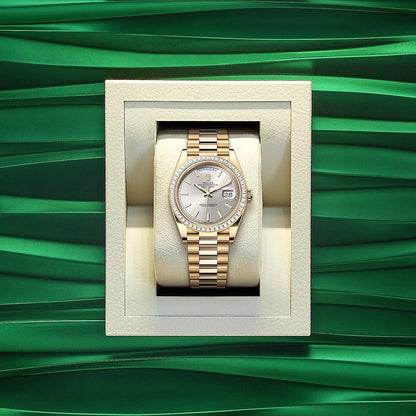Rolex Day Date 40 Mm Yellow Gold Silver Dial Diamond Set Bezel President Bracelet M228398Tbr 0040
