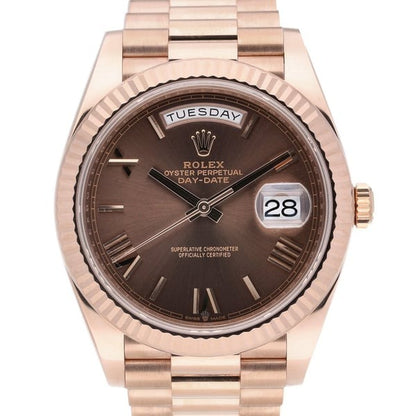 Rolex Day-Date 40mm 228235 Rose Gold Fluted Bezel Chocolate Bevelled Roman Dial President