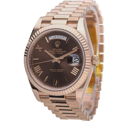 Rolex Day-Date 40mm 228235 Rose Gold Fluted Bezel Chocolate Bevelled Roman Dial President