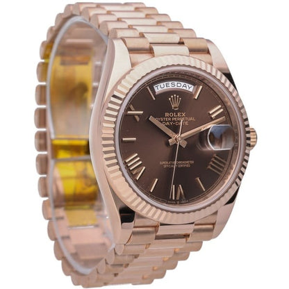 Rolex Day-Date 40mm 228235 Rose Gold Fluted Bezel Chocolate Bevelled Roman Dial President