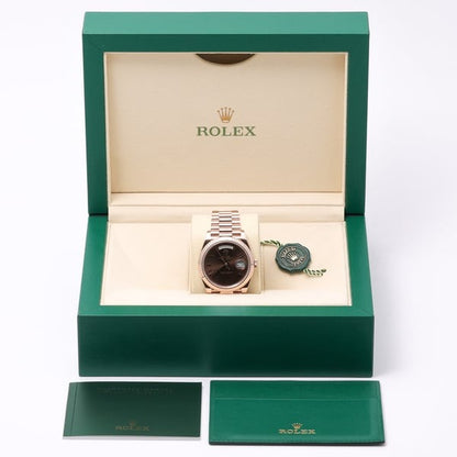Rolex Day-Date 40mm 228235 Rose Gold Fluted Bezel Chocolate Bevelled Roman Dial President