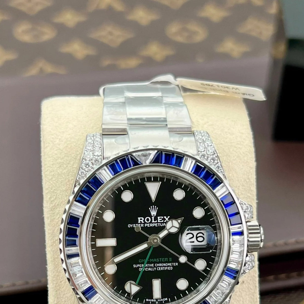Rolex Gmt Master Ii Black Dial Stone Set Bezel Stainless Steel Case And Bracelet 1453747