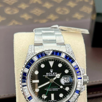 Rolex Gmt Master Ii Black Dial Stone Set Bezel Stainless Steel Case And Bracelet 1453747
