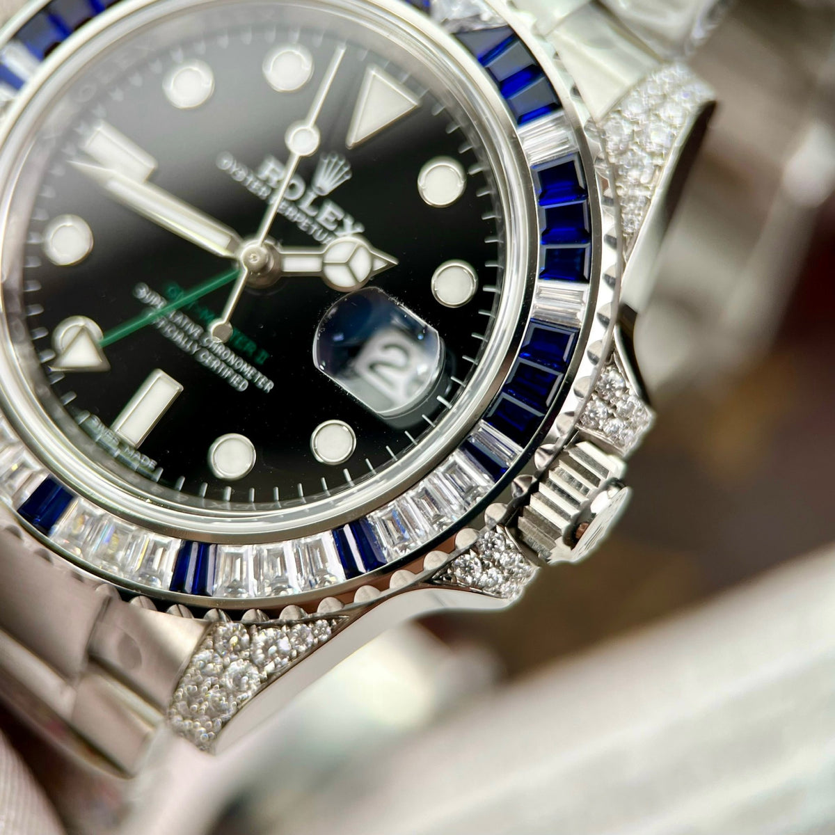 Rolex Gmt Master Ii Black Dial Stone Set Bezel Stainless Steel Case And Bracelet 1453747
