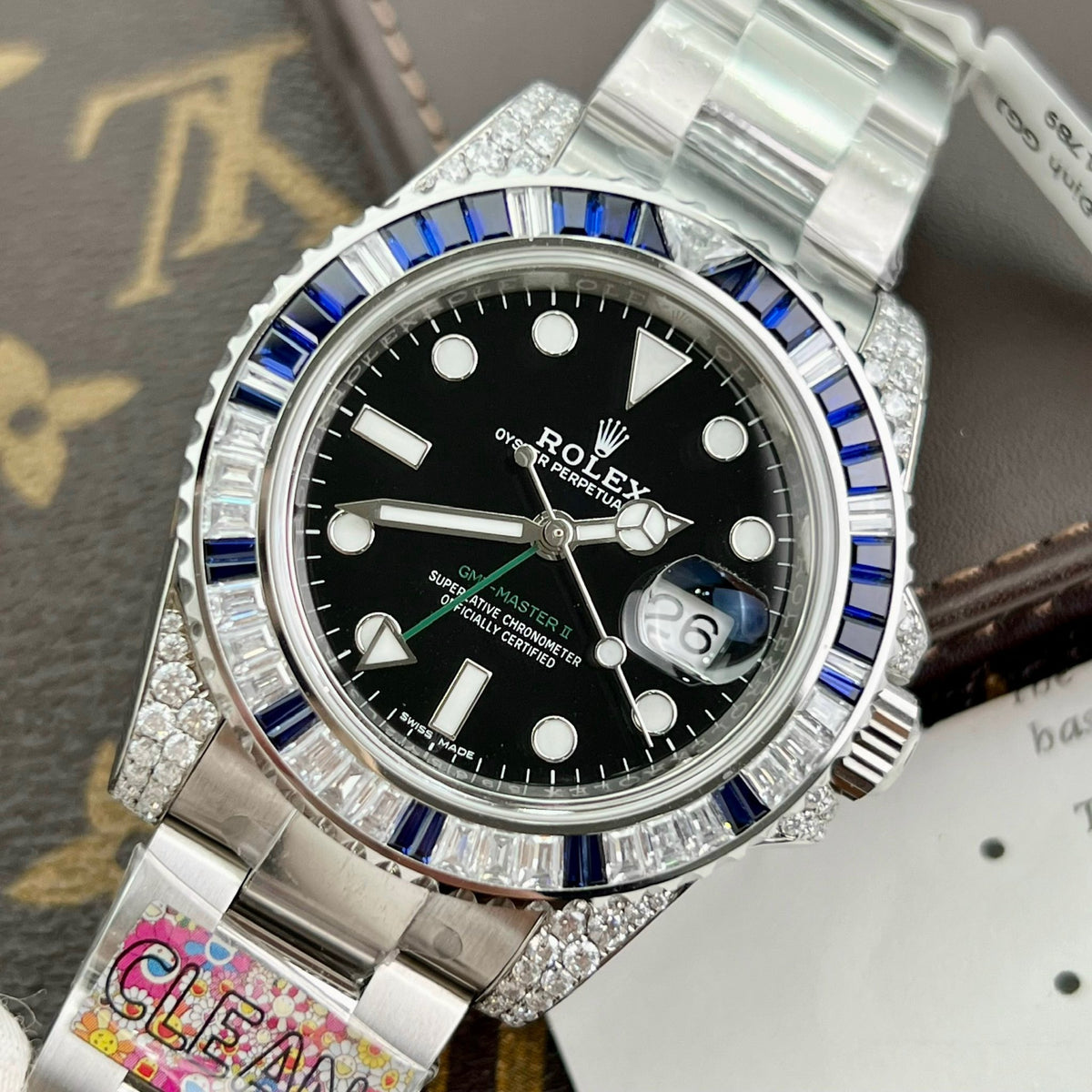 Rolex Gmt Master Ii Black Dial Stone Set Bezel Stainless Steel Case And Bracelet 1453747