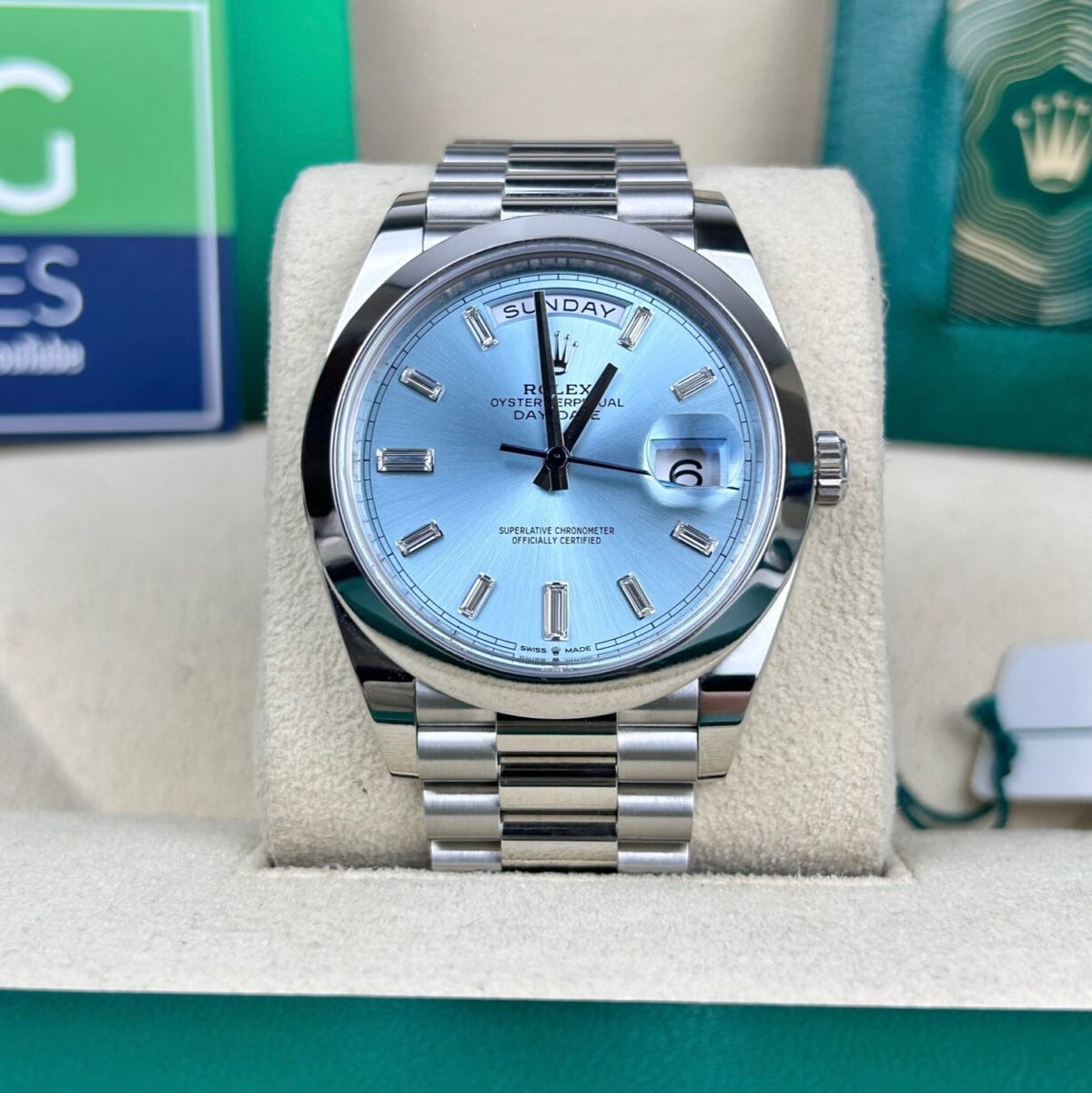 Rolex Oyster Perpetual Day-Date Ice Blue Baguette Dial Platinum President Automatic Men'S Watch