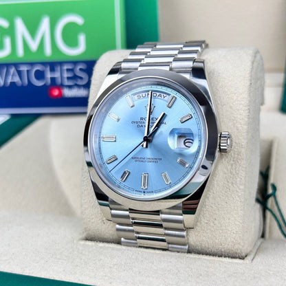 Rolex Oyster Perpetual Day-Date Ice Blue Baguette Dial Platinum President Automatic Men'S Watch