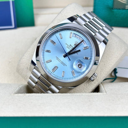 Rolex Oyster Perpetual Day-Date Ice Blue Baguette Dial Platinum President Automatic Men'S Watch