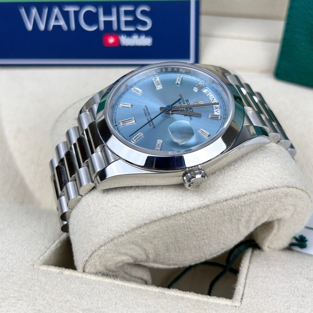 Rolex Oyster Perpetual Day-Date Ice Blue Baguette Dial Platinum President Automatic Men'S Watch