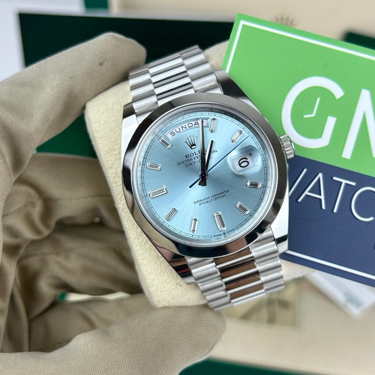 Rolex Oyster Perpetual Day-Date Ice Blue Baguette Dial Platinum President Automatic Men'S Watch