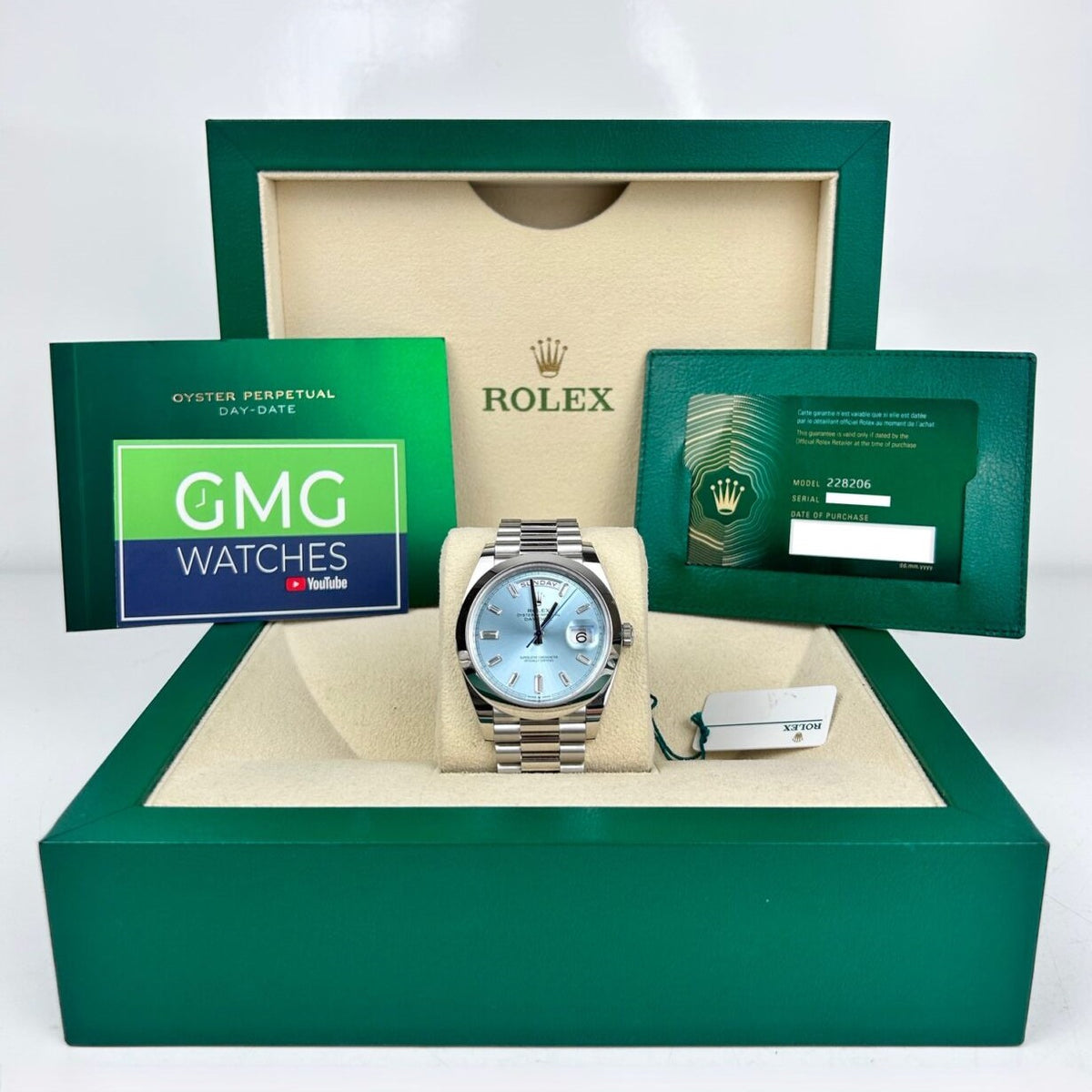 Rolex Oyster Perpetual Day-Date Ice Blue Baguette Dial Platinum President Automatic Men'S Watch