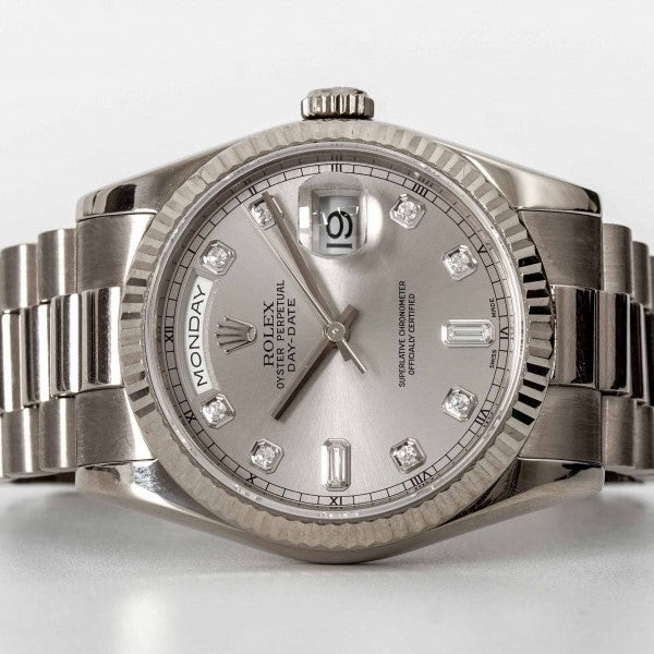 Rolex Swiss Daydate Stainless Steel Ribbed Bezel Silver Dial 41995