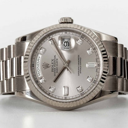 Rolex Swiss Daydate Stainless Steel Ribbed Bezel Silver Dial 41995