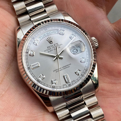 Rolex Swiss Daydate Stainless Steel Ribbed Bezel Silver Dial 41995