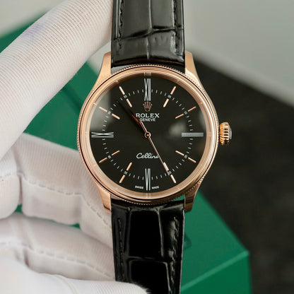 Swiss Rolex Cellini Black Dial Gold Markings Gold Case Black Leather Strap
