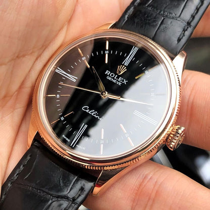 Swiss Rolex Cellini Black Dial Gold Markings Gold Case Black Leather Strap