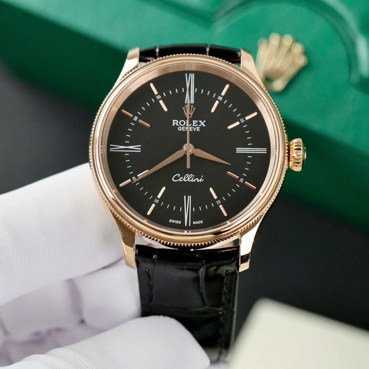 Swiss Rolex Cellini Black Dial Gold Markings Gold Case Black Leather Strap