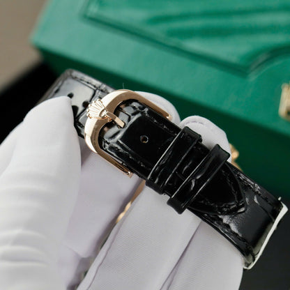 Swiss Rolex Cellini Black Dial Gold Markings Gold Case Black Leather Strap
