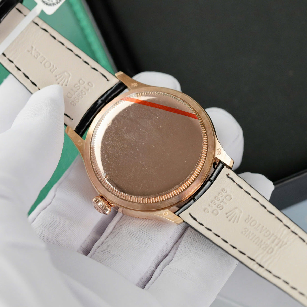 Swiss Rolex Cellini Black Dial Gold Markings Gold Case Black Leather Strap