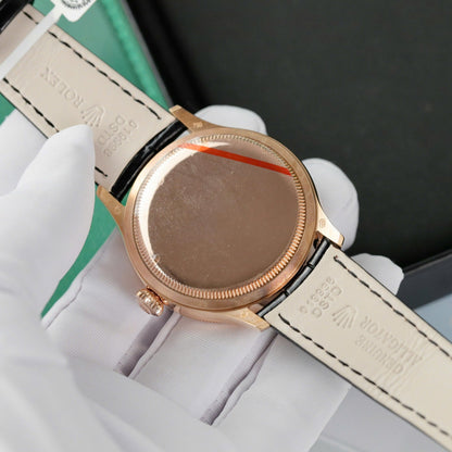 Swiss Rolex Cellini Black Dial Gold Markings Gold Case Black Leather Strap