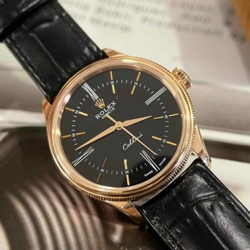Swiss Rolex Cellini Black Dial Gold Markings Gold Case Black Leather Strap