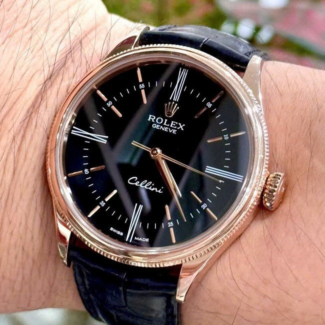 Swiss Rolex Cellini Black Dial Roman Numerals Gold Case Black Leather Strap