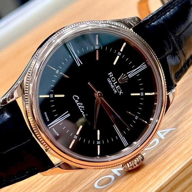 Swiss Rolex Cellini Black Dial Roman Numerals Gold Case Black Leather Strap