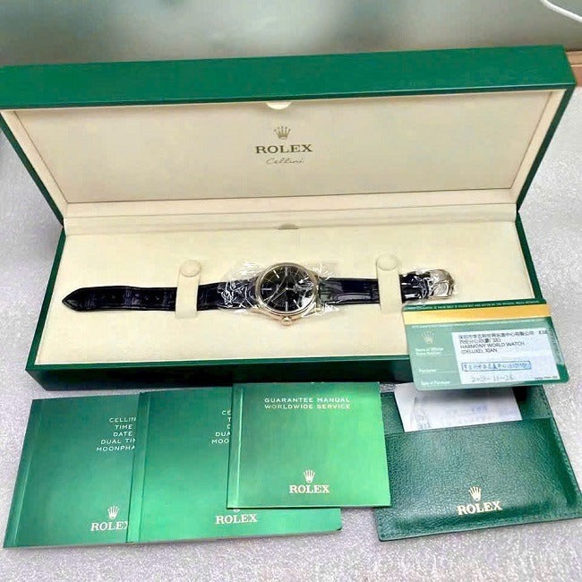 Swiss Rolex Cellini Black Dial Roman Numerals Gold Case Black Leather Strap