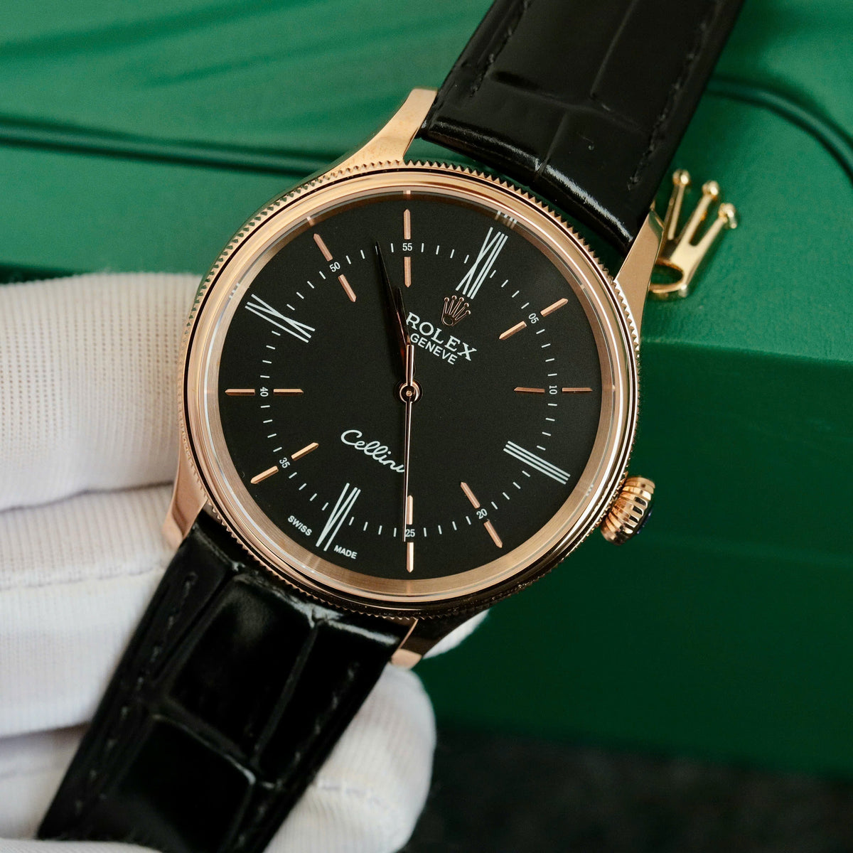 Swiss Rolex Cellini Date Black Dial Rose Gold Markings Rose Gold Case Black Leather Strap