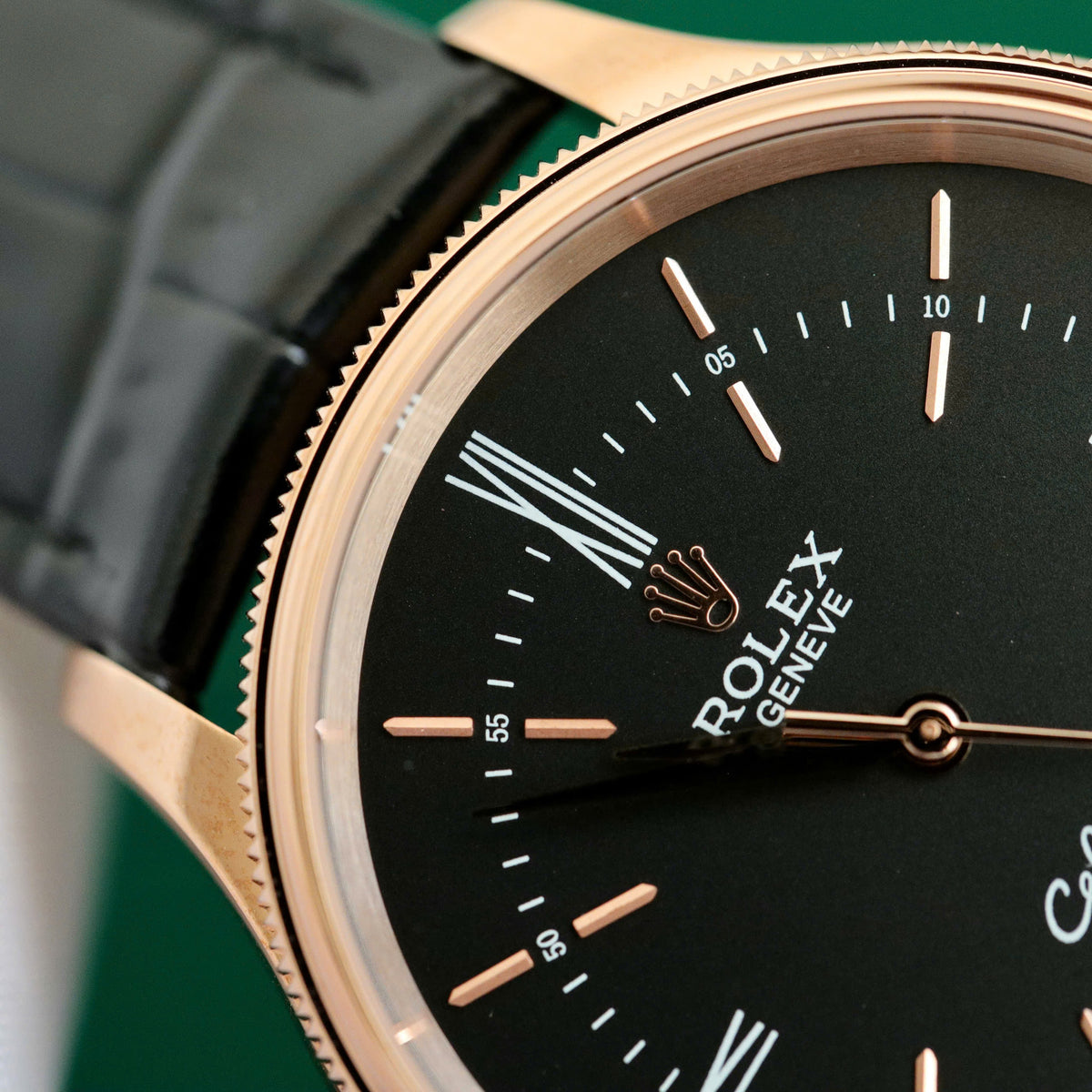 Swiss Rolex Cellini Date Black Dial Rose Gold Markings Rose Gold Case Black Leather Strap