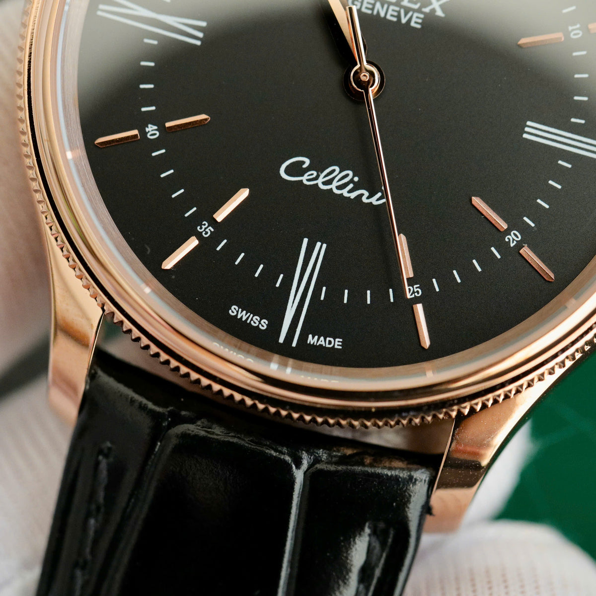 Swiss Rolex Cellini Date Black Dial Rose Gold Markings Rose Gold Case Black Leather Strap