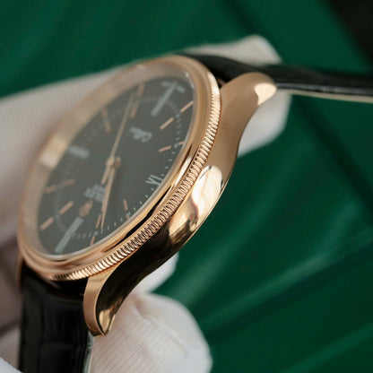Swiss Rolex Cellini Date Black Dial Rose Gold Markings Rose Gold Case Black Leather Strap