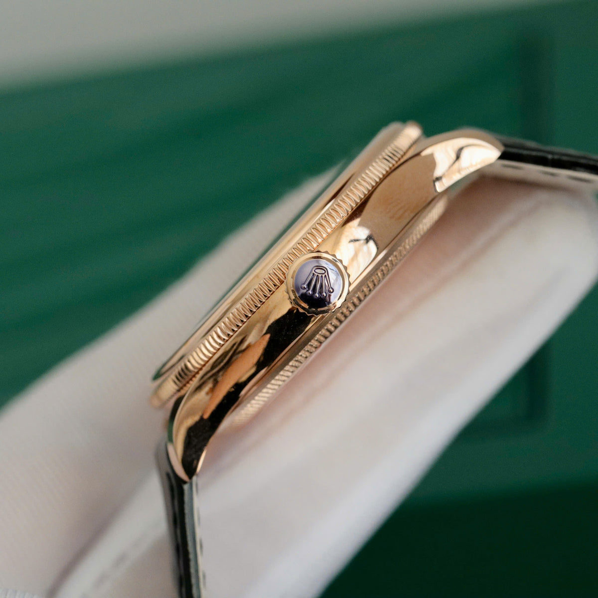 Swiss Rolex Cellini Date Black Dial Rose Gold Markings Rose Gold Case Black Leather Strap