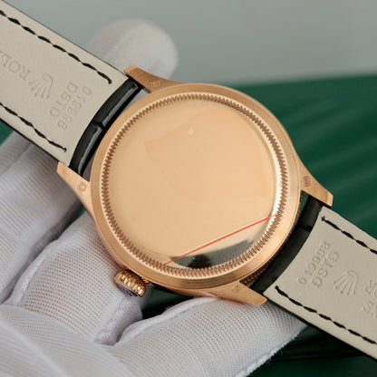 Swiss Rolex Cellini Date Black Dial Rose Gold Markings Rose Gold Case Black Leather Strap
