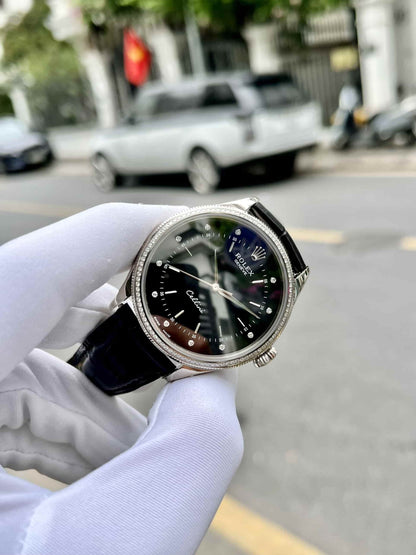 Swiss Rolex Cellini Time Silver Case Black Dial Black Leather Bracelet 622654
