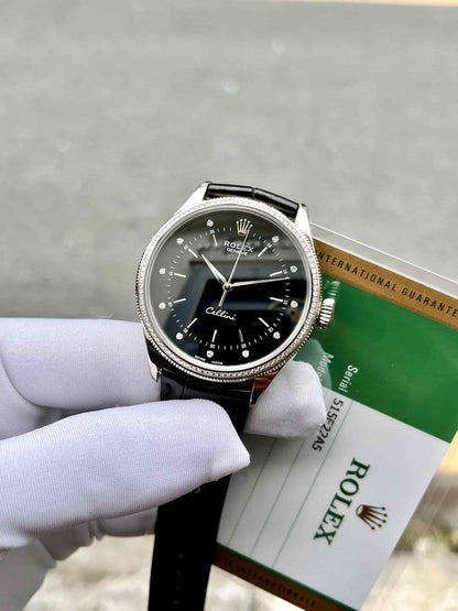 Swiss Rolex Cellini Time Silver Case Black Dial Black Leather Bracelet 622654